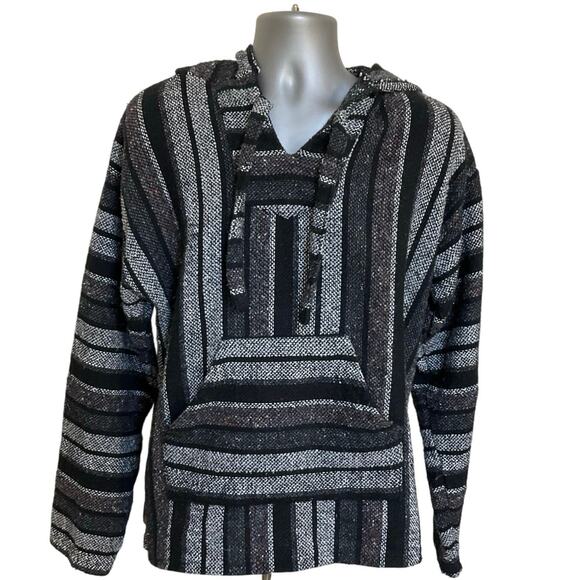 Earthbound Baja Hoodie Black Gray Stripe Woven Pullover Size L Boho Surf Hippie - Picture 2 of 8